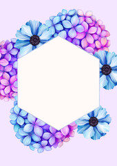 A4 template for text with beautiful flowers. Frame or border with violet blue flowers. Realistic high quality botanical illustration for romantic pretty wedding invitation, greeting card, cosmetic.