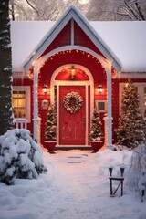 a photo of a door with a pretty Christmas wreath, cozy red house with Christmas lights, snowy day