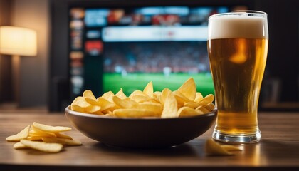 glass of Beer and bowl of chips set on football match tv background at home