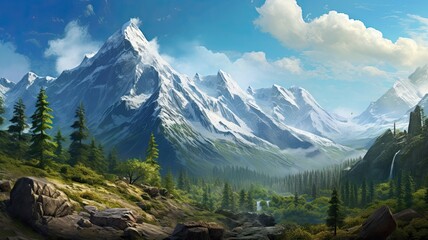 Majestic mountain ranges in varying seasons, emphasizing snow-capped peaks, rocky terrains, and lush forests