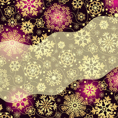 Vector hand drawn Christmas frame with glitter golden snowflakes and stars on the dark purple background
