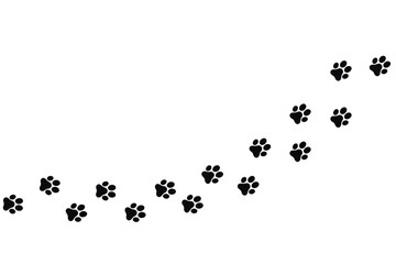 Foot trail print of Dog. Dog walk foot print. Black cat Paw Prints. Black Paw print foot trail of animal on transparent background. Paw print of Cat isolated on transparent background - obrazy, fototapety, plakaty