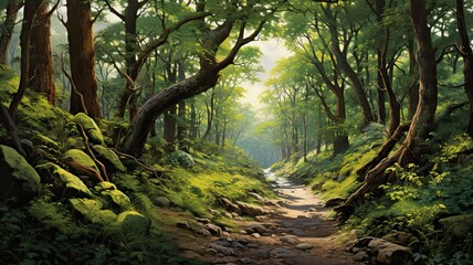 Visuals of dense forests, towering trees, and winding paths, emphasizing the tranquility and lushness of wooded landscapes