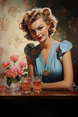 Vintage-styled woman seated elegantly at a table dressed in a turquoise dress that exudes timeless charm. On the table, two glasses of drinks and pink flowers in a vase. Made with Generative AI.
