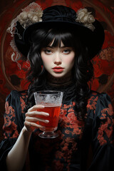 Woman with black hair and blue eyes holding a glass containing a red drink. Digital art image featuring a woman wearing a sophisticated black dress adorned with red flowers. Made with Generative AI.