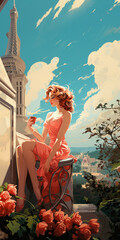 Woman in a elegant pink dress on a balcony adorned with roses, seated on a stool. In her hands, she holds a red drink. Made with Generative AI.