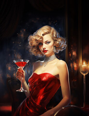 Elegant woman dressed in a red dress and wearing sparkling diamond necklace and earrings. Leaning gracefully on the counter of a chic lounge bar, she holds a red drink. Made by Generative AI.