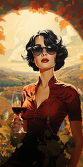 Woman holding a glass of red wine wearing sunglasses and a red dress framed with autumn leaves. In the background an autumn landscape with a river passing through the hills. Made with Generative AI
