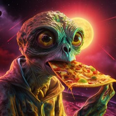 Cartoon alien with big eyes eats pizza.