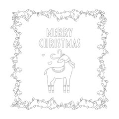 Christmas lettering, text and deer, frame, garland with light bulbs.