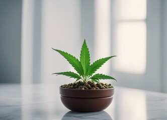 mature marijuana in the pot at home, white marble background

