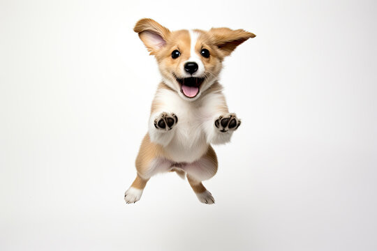 A dog is jumping up in the air
