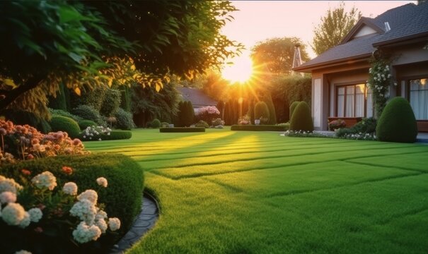 Beautiful manicured lawn and flowerbed with deciduous shrubs on private plot and track to house against backlit bright warm sunset evening light on background. Generative AI