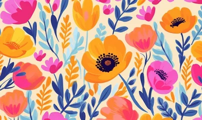 Fototapeten Hand drawn bright cute artistic flowers print. Modern cartoon style botanical pattern. Fashionable template for design, Generative AI © Silver Lining Shots