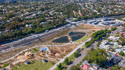 Aerial drone view at Rozelle Interchange in Sydney, NSW Australia, shot on 3 December 2023, showing...