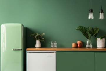 Fragment of modern minimalist kitchen with green wall, green plain facades and green retro refrigerator. Wooden countertop, greenery in elegant vases.