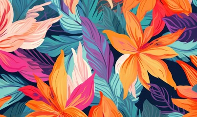 Modern tropical floral pattern. Colorful abstract contemporary seamless pattern. Hand drawn unique print, Generative AI - obrazy, fototapety, plakaty