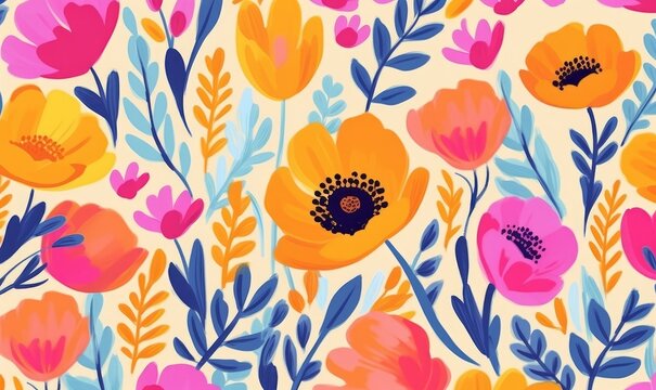 Hand drawn bright cute artistic flowers print. Modern cartoon style botanical pattern. Fashionable template for design, Generative AI
