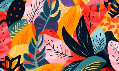 Fototapeta na wymiar Modern exotic floral jungle pattern. Collage contemporary seamless pattern. Hand drawn cartoon style pattern, Generative AI