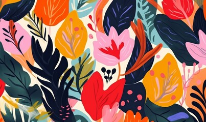 Modern exotic floral jungle pattern. Collage contemporary seamless pattern. Hand drawn cartoon style pattern, Generative AI - obrazy, fototapety, plakaty