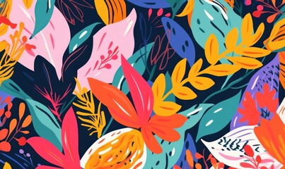 Modern exotic floral jungle pattern. Collage contemporary seamless pattern. Hand drawn cartoon style pattern, Generative AI - obrazy, fototapety, plakaty