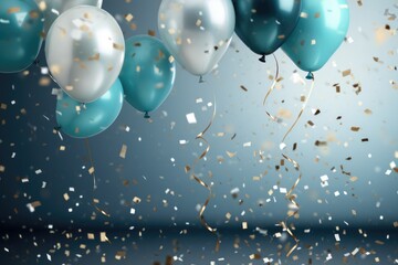 Blue balloons with confetti and ribbons flying in the air. 3D Rendering, 3D realistic air balloons alongside sparkling glitter confetti elements, AI Generated