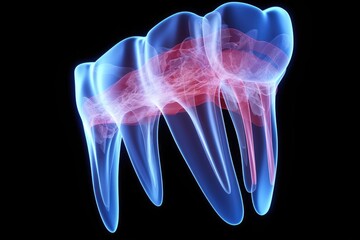Digital illustration of molar tooth in blue colour  isolated on black background, 3d render of jaw x-ray with aching tooth, AI Generated