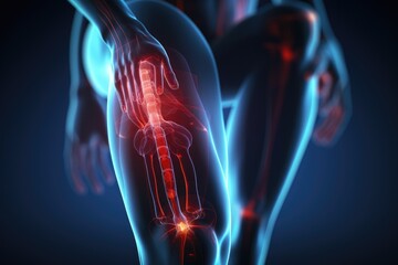 Female body with highlighted knee pain on blue background. 3D illustration, 3d rendered illustration of a body, knee pain, AI Generated - obrazy, fototapety, plakaty