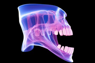 Digital illustration of  jaw bone in    colour  background, 3d render of jaw x-ray with aching tooth, AI Generated