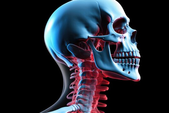 3D rendered Illustration. Isolated on black. Human skeleton, 3d medical illustration of a man's skull and cervical spine, jaw pain, AI Generated