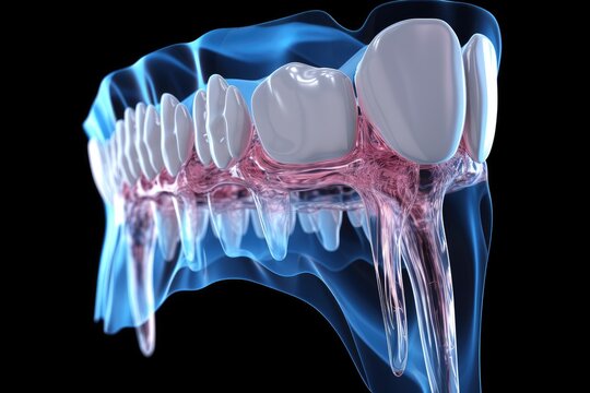 3d render of jaw with denture in x-ray image, 3d render of jaw x-ray with aching tooth, AI Generated