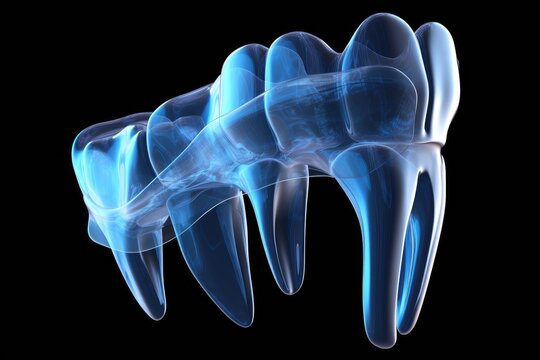 Tooth on a black background, x-ray image, 3d render, 3d render of jaw x-ray with aching tooth, AI Generated