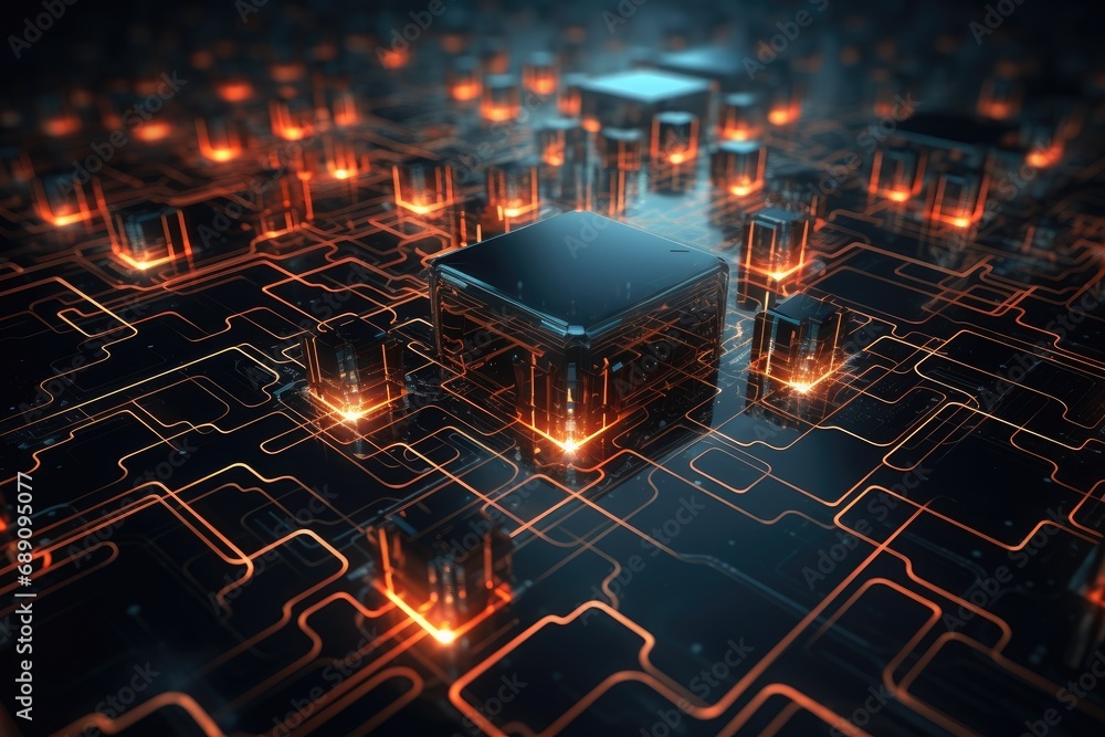 Poster circuit board with microchips, 3d rendering toned image, abstract digital connection dots and lines,