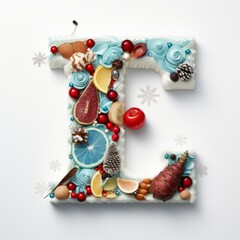 Fototapeta na wymiar Volumetric capital letter E, decorated in a festive Christmas and New Year style. Christmas tree decorations, balls, pine cones, tinsel. Mockup for Christmas banner or background. Isolated on white.
