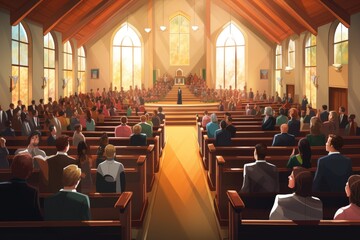 People in the church. Conceptual image. 3D rendering, A congregation sharing the peace of Christ during a church service, AI Generated - obrazy, fototapety, plakaty