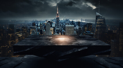 Fototapeta na wymiar Empty black stone podium on the background of a beautiful blurry city skyline at night, mock up
