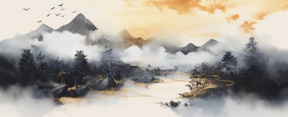 Golden mountains in the distance, forest, sunlight. Traditional oriental ink painting. Ink artwork, landscape, watercolor, Generative AI