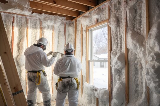 Worker in white overalls and helmet works on the insulation of the walls of the house, A construction crew installing insulation in the walls of a residential property, AI Generated