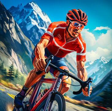 Vivid Swiss realism: A dynamic cyclist propels forward on a sleek, red racing bike, capturing the raw power and strength with bold brushwork and shiny, vibrant hues. Generated AI.