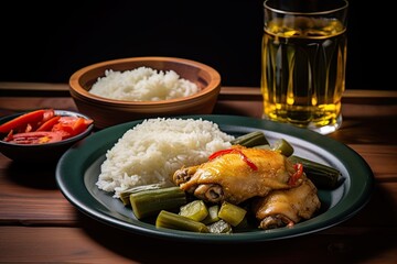  asian food chicken fried with sauce and rice served on plate