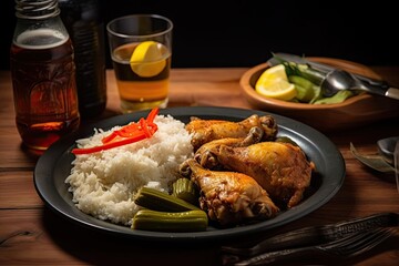  asian food chicken fried with sauce and rice served on plate