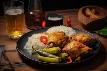  asian food chicken fried with sauce and rice served on plate