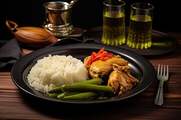  asian food chicken fried with sauce and rice served on plate