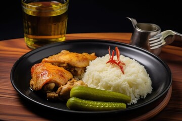  asian food chicken fried with sauce and rice served on plate