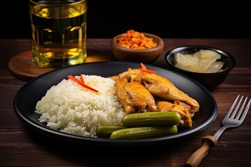  asian food chicken fried with sauce and rice served on plate