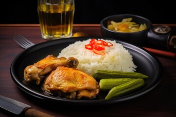  asian food chicken fried with sauce and rice served on plate