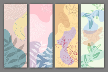 A collection of backgrounds with an abstract floral composition in the style of minimalism. Layout for covers, paintings, interior prints, posters and creative design