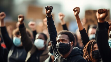 A United Front: People United in Wearing Face Masks and Raising Hands vector art