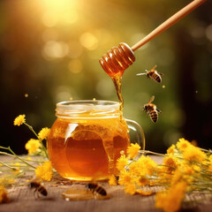 Honey in a glass jar with a wooden spoon dipper. Still life on a wooden table with flowers and flying bee. Healthy sweet food. Close up - obrazy, fototapety, plakaty