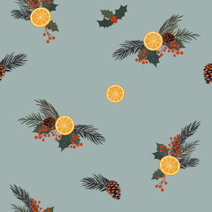 Zimowy wzór z świątecznymi stroikami, plastrami pomarańczy, choinkowymi gałązkami, szyszkami i ostrokrzewem. Bezszwowy wzór wektorowy. - obrazy, fototapety, plakaty